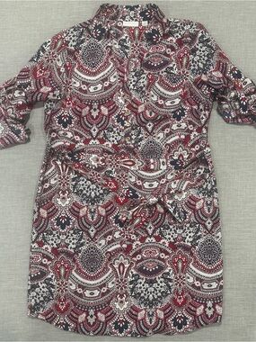 New York & Company Red, Navy & White Paisley Shirt Dress